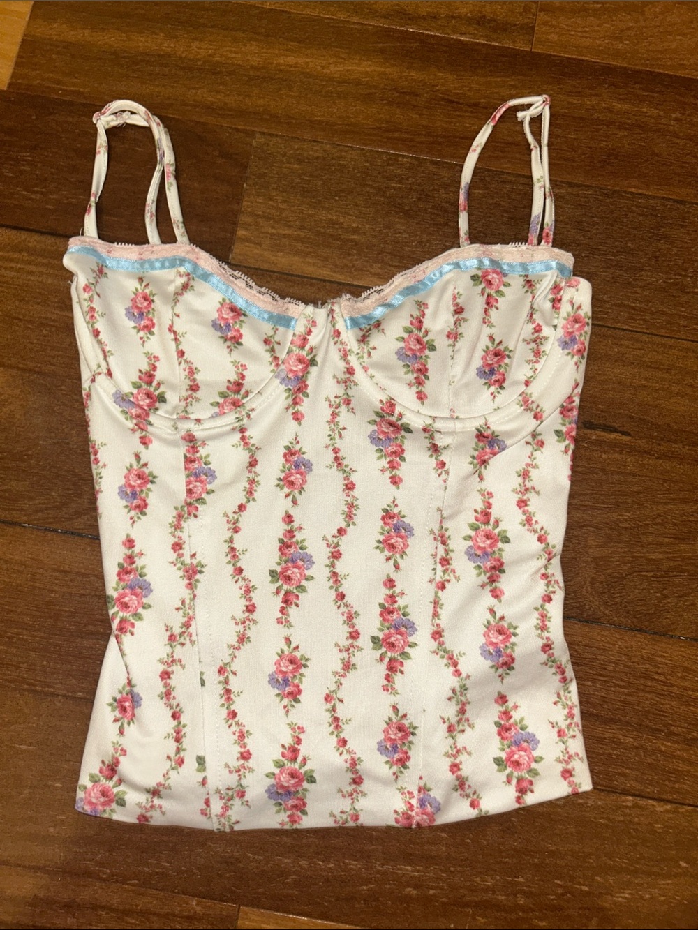 Edikted Floral Bustier Cami Top - White with Pink Rose Print